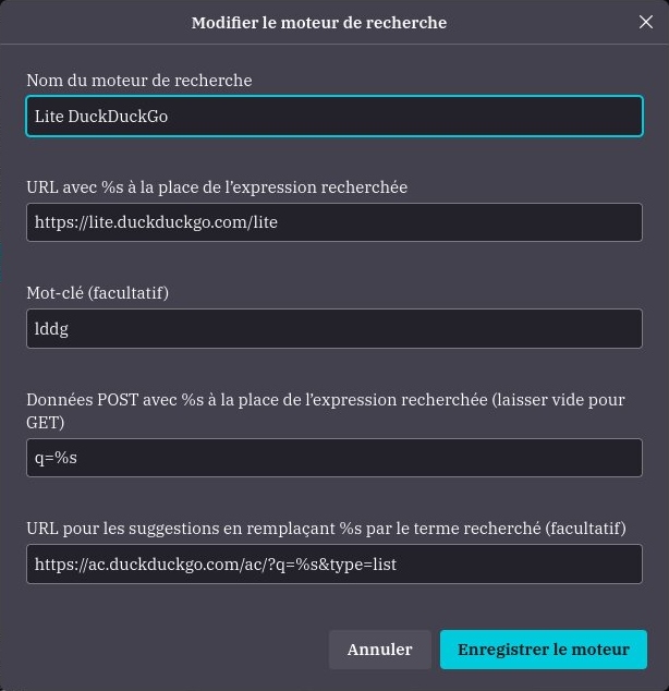 Fenêtre flottante avec les paramètres d'un moteur de recherce dans Firefox, rempli pour DuckDuckGo Lite