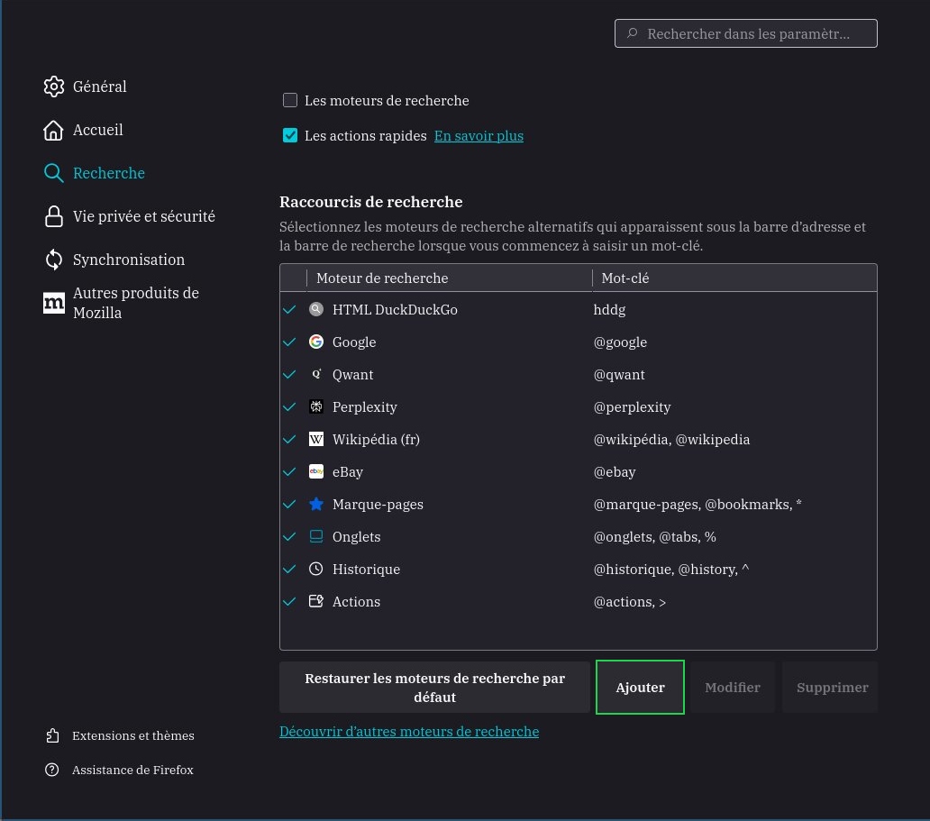 listes des moteurs de recherche dans les options Recherche de Firefox avec le bouton ajouter mis en valeur